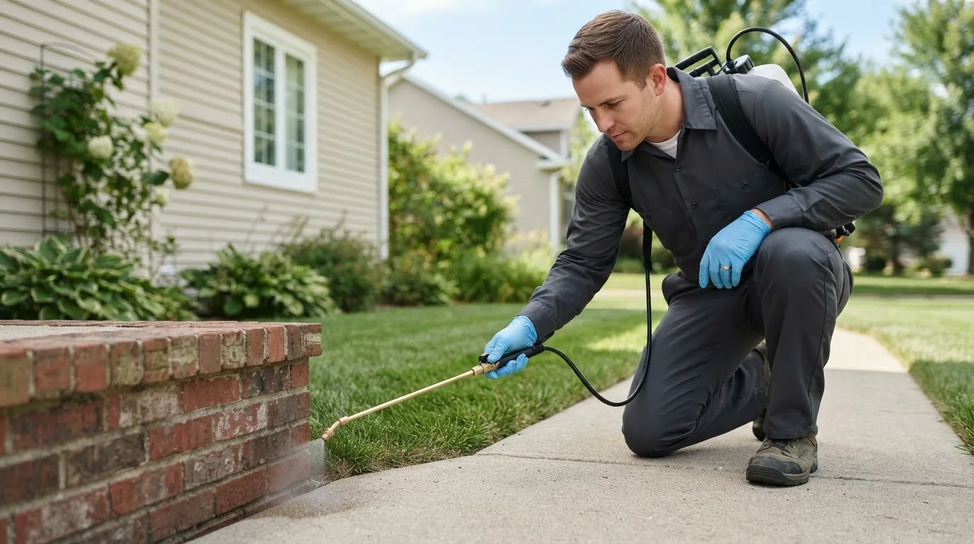 Pest control technician treating a home near Orangeville, PA